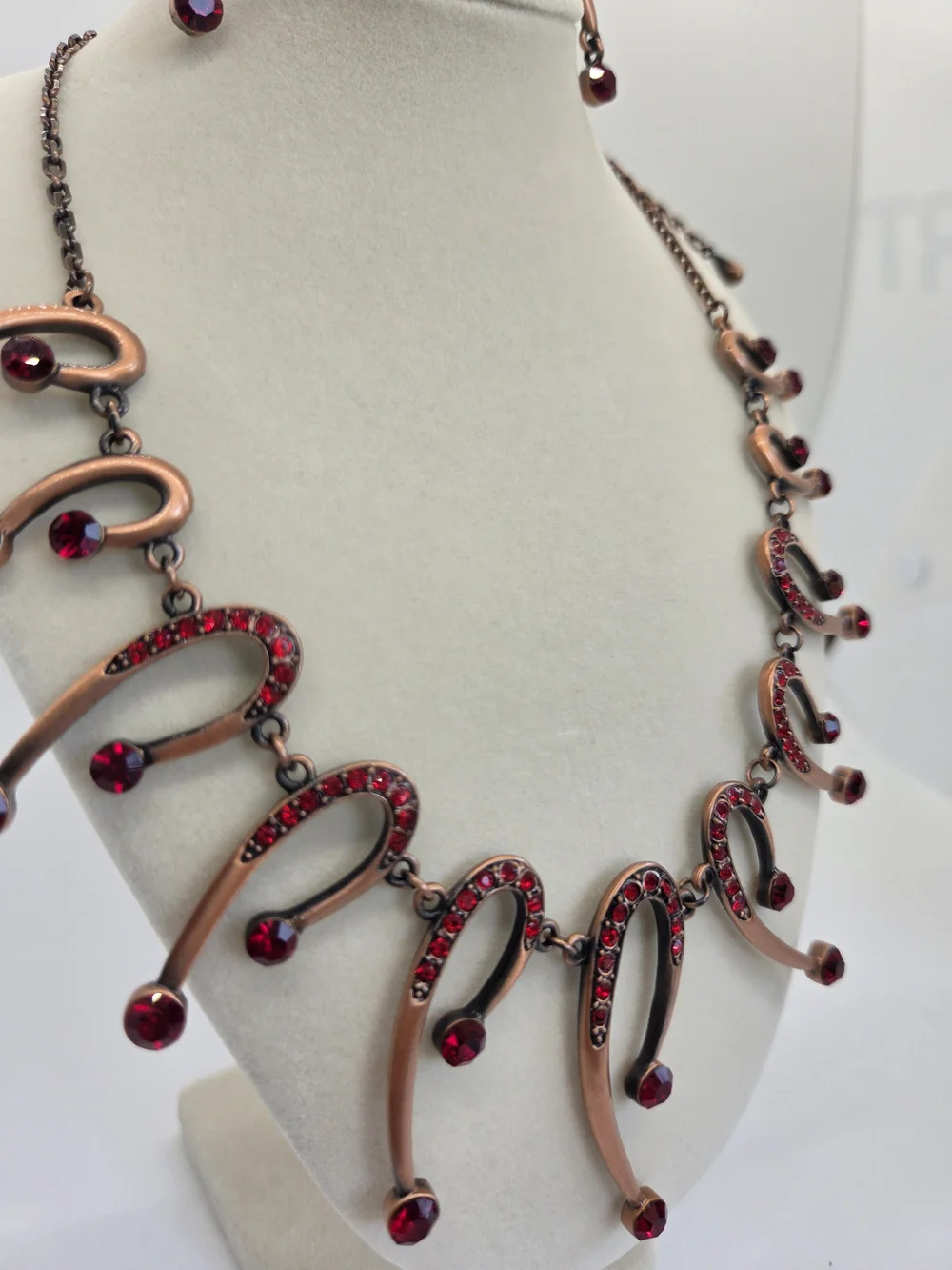 Red Crystal Crescent Drop Necklace and Earring Set, Copper Tone